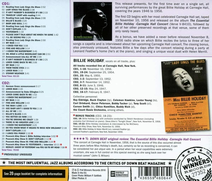 BILLIE HOLIDAY - COMPLETE CARNEGIE HALL CD NEW