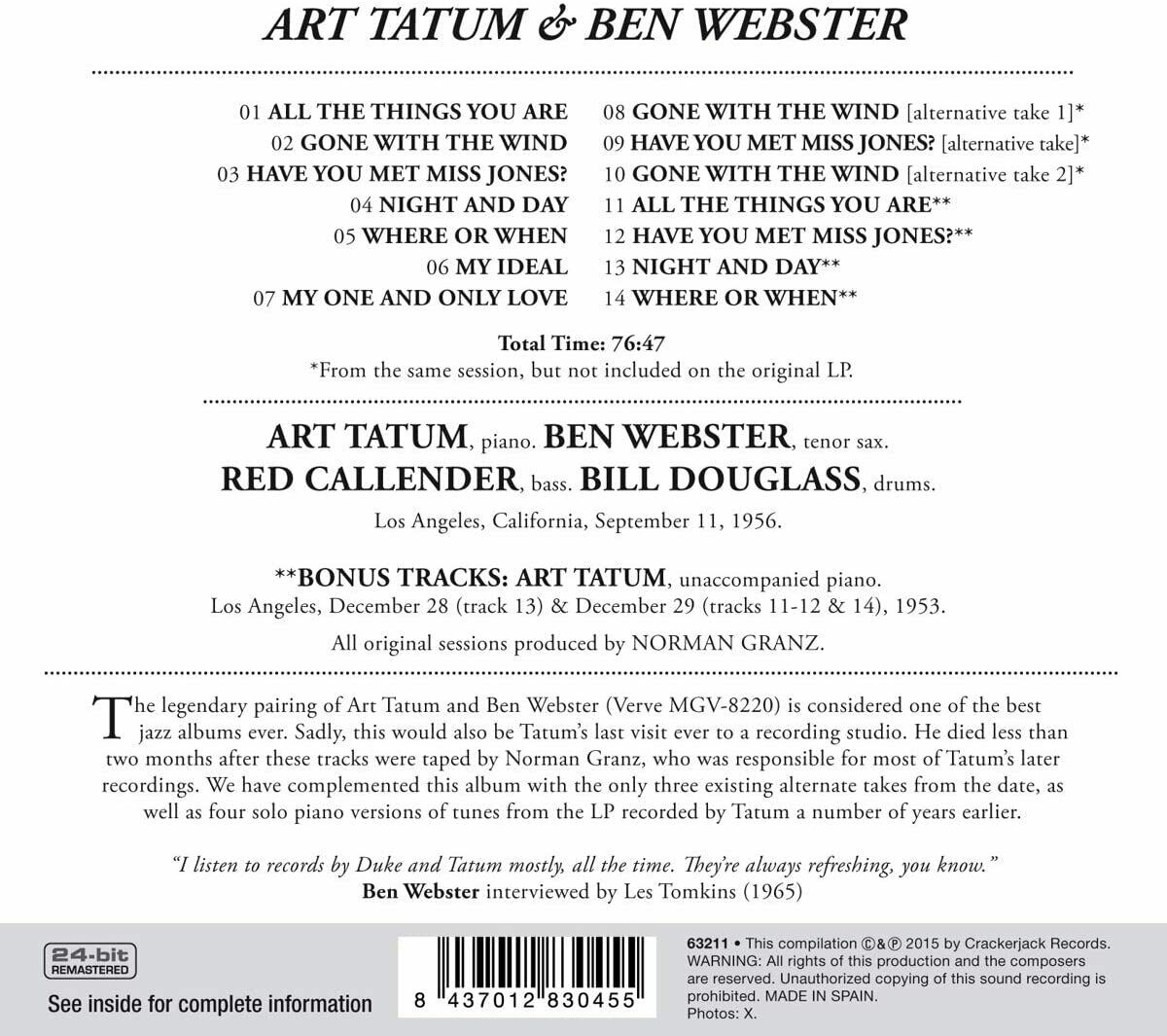 Art Tatum & Ben Webster - Complete Legendary Sessions CD NEW
