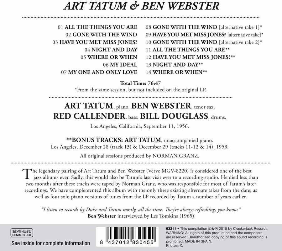 Art Tatum & Ben Webster - Complete Legendary Sessions CD NEW